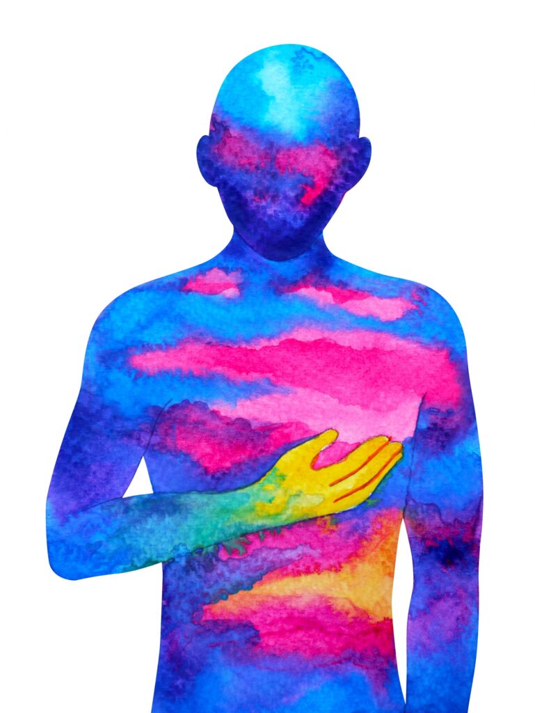 Abstract watercolor silhouette of a person with blue and pink horizontal streaks across the body, holding a yellow hand over the chest.